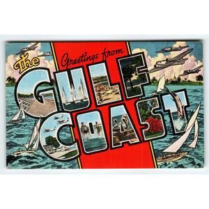 Vintage Linen Large Letter Postcard Greetings from Gulf Coast Aviators & Beaches